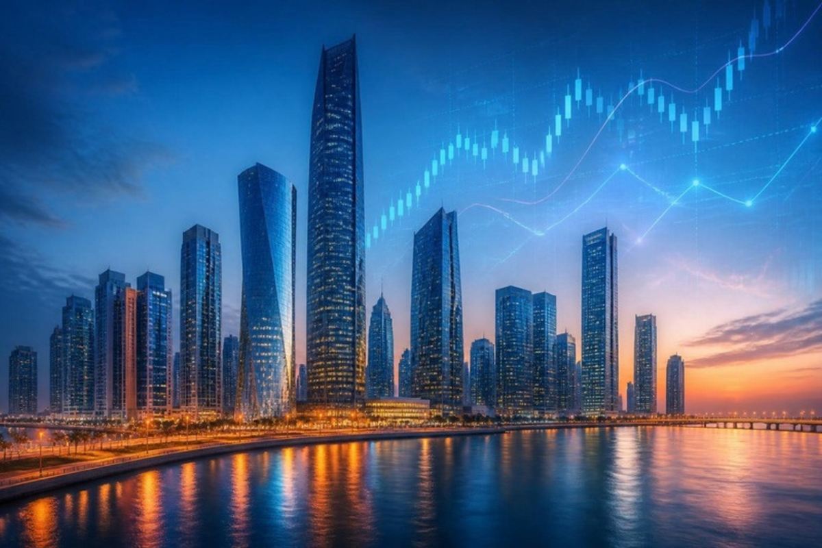 Modern financial district skyline at dusk with glass towers