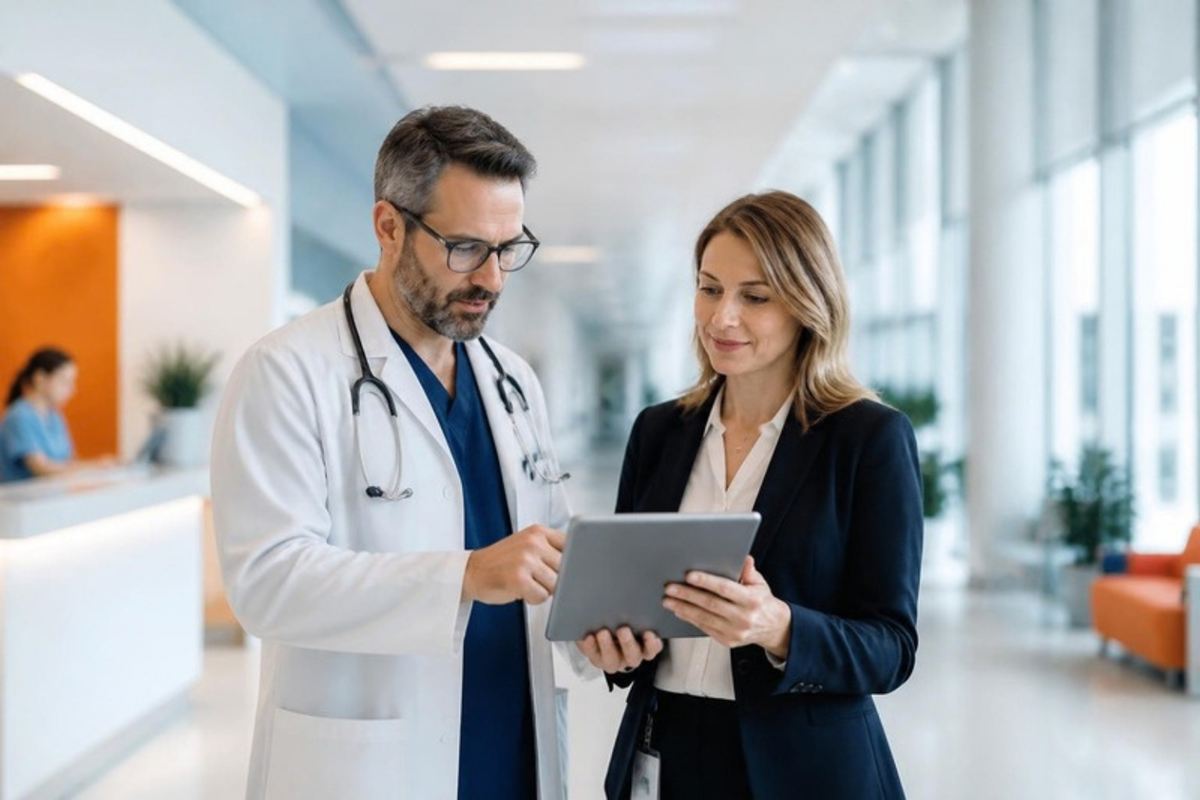 Doctor and healthcare administrator reviewing operations data on a tablet