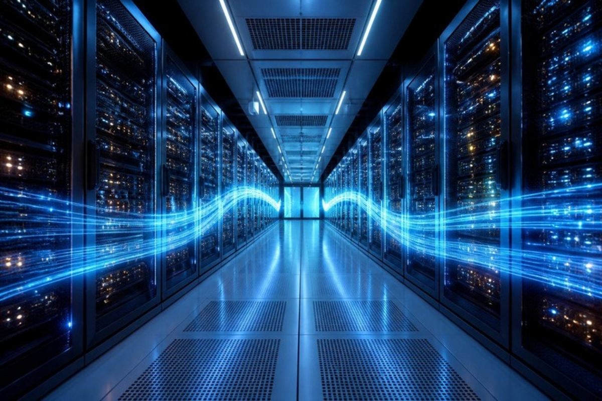 Modern data centre aisle with server racks and glowing data streams