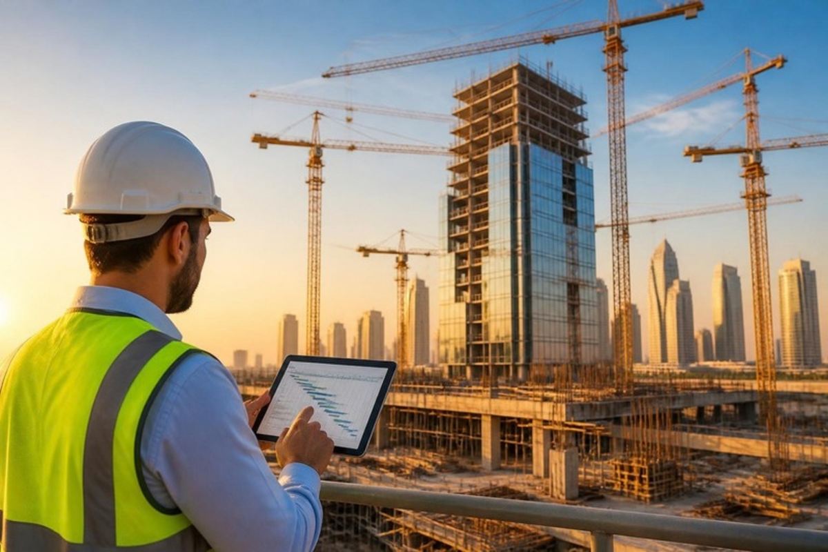 Project engineer reviewing a schedule on a tablet at a construction site