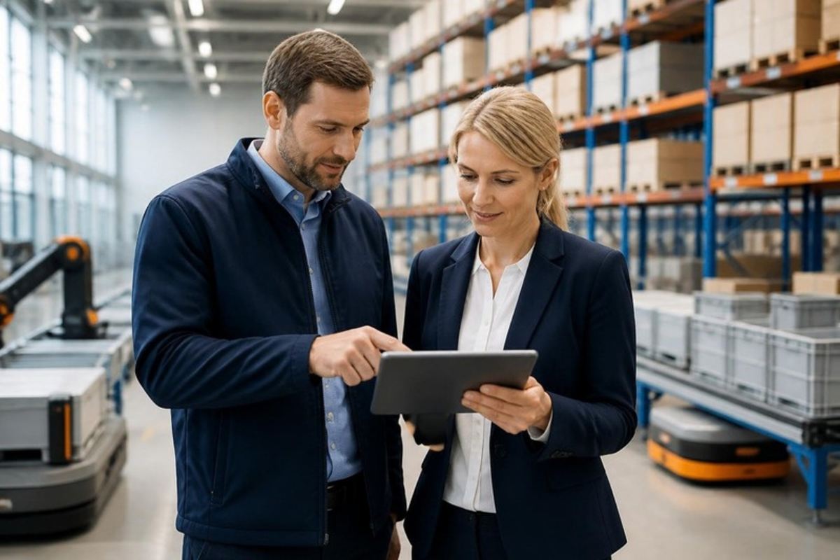 Operations managers reviewing ERP data on a tablet in a modern warehouse