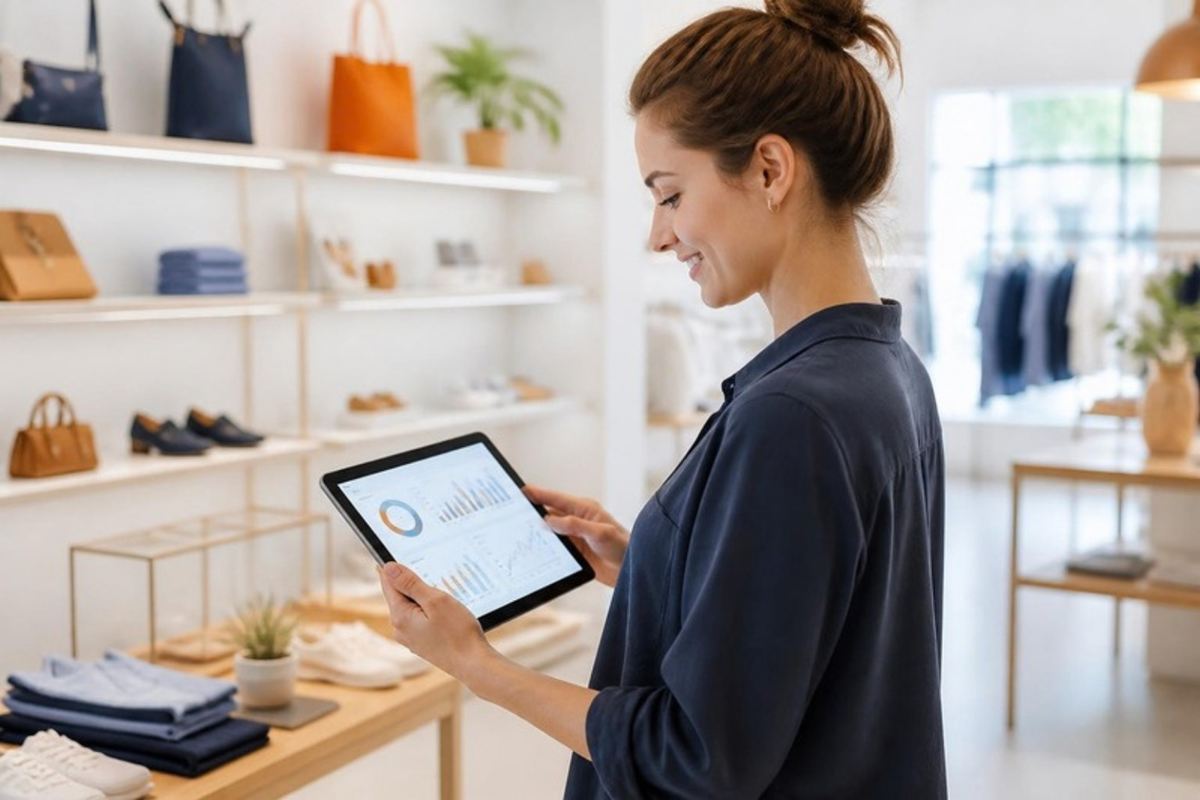 Retail associate checking stock analytics on a tablet in a bright store
