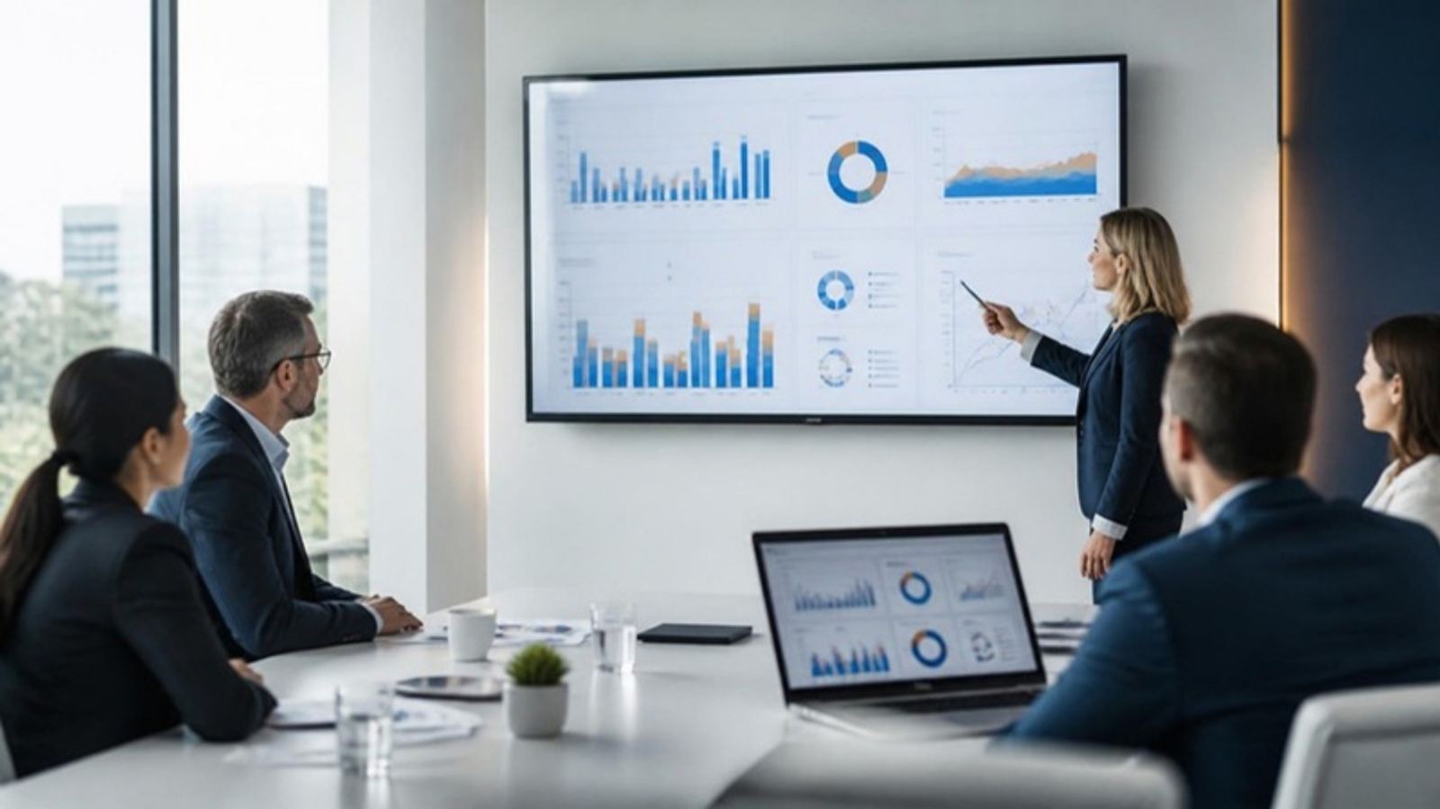 Leadership team reviewing enterprise planning dashboards in a boardroom